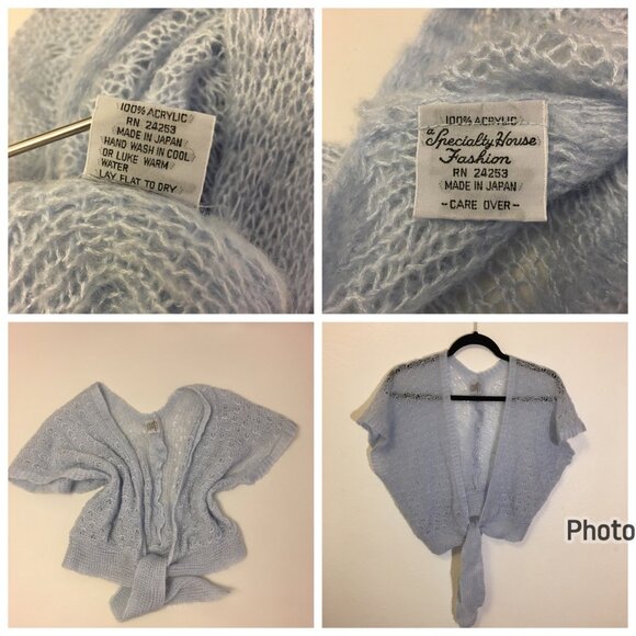 Vintage 50s 60s Wispy Blue Pastel Cropped Tie Front Sweater Dainty Cardigan (IB) - Picture 8 of 9